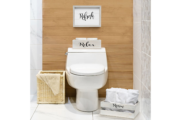Revamp your bathroom with this three piece matching decorative set. This set will give your bathroom a complete, cohesive look. It includes 1 decorative frame, 1 toilet paper holder and 1 towel holder in a stylish, clean finish to give your bathroom the perfect update!Gray wash finish on wood | Welcoming inspirational text in black | Towel holder fits 8 standard bath towels comfortably. Toilet paper holder fits 2 jumbo size rolls comfortably. | On-trend farmhouse design | Frame: 13" x 10" x 1". Toilet paper holder: 11.5" x 7" x 3.5". Towel holder: 16" x 12" x 6" | Pieces easily nest into one another for easy storage!