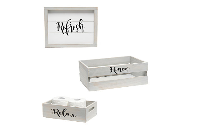 Revamp your bathroom with this three piece matching decorative set. This set will give your bathroom a complete, cohesive look. It includes 1 decorative frame, 1 toilet paper holder and 1 towel holder in a stylish, clean finish to give your bathroom the perfect update!Gray wash finish on wood | Welcoming inspirational text in black | Towel holder fits 8 standard bath towels comfortably. Toilet paper holder fits 2 jumbo size rolls comfortably. | On-trend farmhouse design | Frame: 13" x 10" x 1". Toilet paper holder: 11.5" x 7" x 3.5". Towel holder: 16" x 12" x 6" | Pieces easily nest into one another for easy storage!
