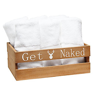 Revamp your bathroom with this three piece matching decorative set. This set will give your bathroom a complete, cohesive look. It includes 1 decorative frame, 1 toilet paper holder and 1 towel holder in a stylish, clean finish to give your bathroom the perfect update!Natural wood finish | Fun cabin/lodge themed text and images in white | Towel holder fits 8 standard bath towels comfortably. Toilet paper holder fits 2 jumbo size rolls comfortably. | Perfect for cabins, lodges or rustic décor homes. | Frame: 13" x 10" x 1". Toilet paper holder: 11.5" x 7" x 3.5". Towel holder: 16" x 12" x 6" | Pieces easily nest into one another for easy storage!