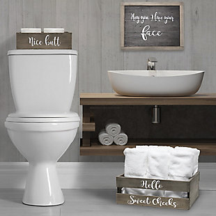 Revamp your bathroom with this three piece matching decorative set. This set will give your bathroom a complete, cohesive look. It includes 1 decorative frame, 1 toilet paper holder and 1 towel holder in a stylish, clean finish to give your bathroom the perfect update!Rustic gray finish on wood | Fun cheeky text in white | Towel holder fits 8 standard bath towels comfortably. Toilet paper holder fits 2 jumbo size rolls comfortably. | On-trend farmhouse design | Frame: 13" x 10" x 1". Toilet paper holder: 11.5" x 7" x 3.5". Towel holder: 16" x 12" x 6" | Pieces easily nest into one another for easy storage!