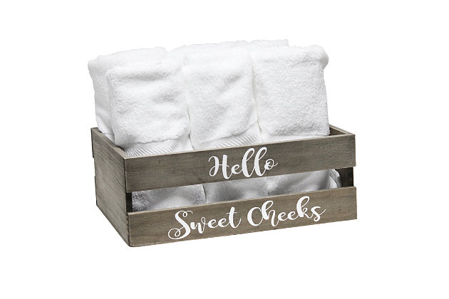 Revamp your bathroom with this three piece matching decorative set. This set will give your bathroom a complete, cohesive look. It includes 1 decorative frame, 1 toilet paper holder and 1 towel holder in a stylish, clean finish to give your bathroom the perfect update!Rustic gray finish on wood | Fun cheeky text in white | Towel holder fits 8 standard bath towels comfortably. Toilet paper holder fits 2 jumbo size rolls comfortably. | On-trend farmhouse design | Frame: 13" x 10" x 1". Toilet paper holder: 11.5" x 7" x 3.5". Towel holder: 16" x 12" x 6" | Pieces easily nest into one another for easy storage!