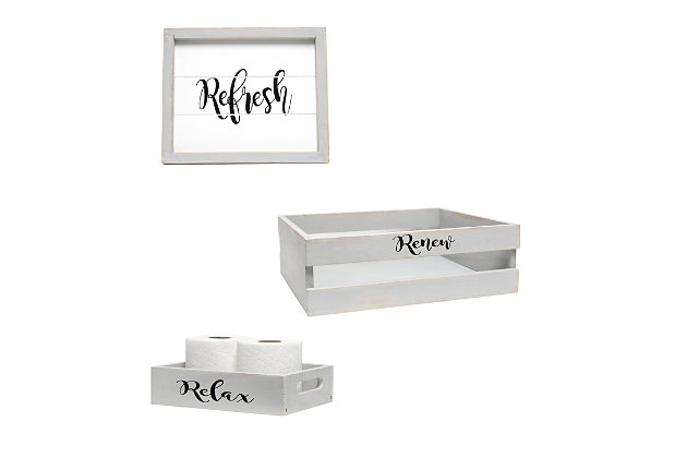 Revamp your bathroom with this three piece matching decorative set. This set will give your bathroom a complete, cohesive look. It includes 1 decorative frame, 1 toilet paper holder and 1 towel holder in a stylish, clean finish to give your bathroom the perfect update!Gray wash finish on wood | Welcoming inspirational text in black | Towel holder fits 6 standard bath towels comfortably. Toilet paper holder fits 2 standard size rolls comfortably. | On-trend farmhouse design | Frame: 12" x 10" x 1". Toilet paper holder: 10" x 7" x 2.5". Towel holder: 14" x 12" x 4.5" | Pieces easily nest into one another for easy storage!