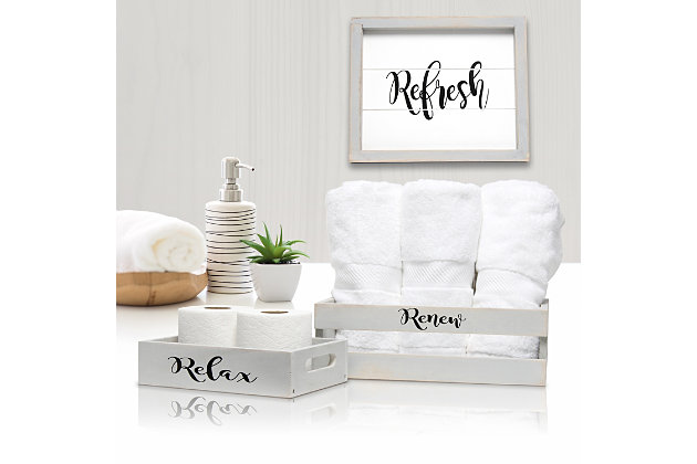 Revamp your bathroom with this three piece matching decorative set. This set will give your bathroom a complete, cohesive look. It includes 1 decorative frame, 1 toilet paper holder and 1 towel holder in a stylish, clean finish to give your bathroom the perfect update!Gray wash finish on wood | Welcoming inspirational text in black | Towel holder fits 6 standard bath towels comfortably. Toilet paper holder fits 2 standard size rolls comfortably. | On-trend farmhouse design | Frame: 12" x 10" x 1". Toilet paper holder: 10" x 7" x 2.5". Towel holder: 14" x 12" x 4.5" | Pieces easily nest into one another for easy storage!