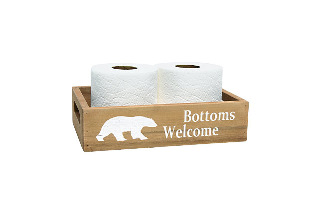Revamp your bathroom with this three piece matching decorative set. This set will give your bathroom a complete, cohesive look. It includes 1 decorative frame, 1 toilet paper holder and 1 towel holder in a stylish, clean finish to give your bathroom the perfect update!Natural wood finish | Fun cabin/lodge themed text and images in white | Towel holder fits 6 standard bath towels comfortably. Toilet paper holder fits 2 standard size rolls comfortably. | Perfect for cabins, lodges or rustic décor homes. | Frame: 12" x 10" x 1". Toilet paper holder: 10" x 7" x 2.5". Towel holder: 14" x 12" x 4.5" | Pieces easily nest into one another for easy storage!