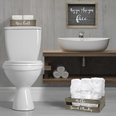 Elegant Designs Cheeky Three Piece Decorative Wood Bathroom Set, Small, Rustic Gray, large