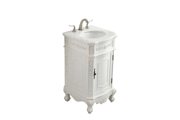 The superb balance of timeless tradition and opulent beauty is expressed in this vanity set. The beautiy carved floral design will certainly enhance the aesthetics of any home or office bathroom. Truly a statement of luxury, this vanity features a marble countertop that complements the hand-painted cabinet, an oval-shaped porcelain sink, stylishly carved solid wood French scroll feet and an antiqued bronze-tone doorknob.Hand-painted finish | Marble countertop | Solid wood and engineered wood base | Metal doorknob with antiqued bronze-tone finish | Single porcelain undermount sink | Single-door cabinet with 1 shelf | Metal hardware with antiqued finish | Pre-drilled faucet holes; faucet not included | No assembly required