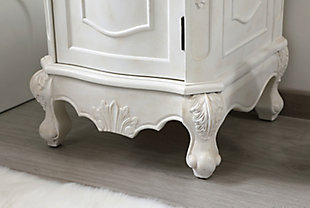 The superb balance of timeless tradition and opulent beauty is expressed in this vanity set. The beautifully carved floral design will certainly enhance the aesthetics of any home or office bathroom. Truly a statement of luxury, this vanity features a marble countertop that complements the hand-painted cabinet, an oval-shaped porcelain sink, stylishly carved solid wood French scroll feet and an antiqued bronze-tone doorknob.Hand-painted finish | Marble countertop | Solid wood and engineered wood base | Metal doorknob with antiqued bronze-tone finish | Single porcelain undermount sink | Single-door cabinet with 1 shelf | Metal hardware with antiqued finish | Pre-drilled faucet holes; faucet not included | No assembly required