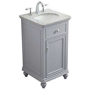 This sleekly styled single-door, granite-top bathroom vanity brings a smile of appreciation for its simple beauty and clean lines. With an authentic granite countertop with flat edge, oval porcelain sink, hand-painted soft gray cabinet, brushed steel hardware and carved bun feet, this elegant transitional vanity balances form and function.Made of solid wood, engineered wood, porcelain and granite | White granite countertop | Single porcelain undermount sink | Brushed steel hardware | Soft-close cabinet door | Single shelf | Faux drawer | Pre-drilled faucet holes; faucet not included | Cutout back panel for plumbing installation | No assembly required