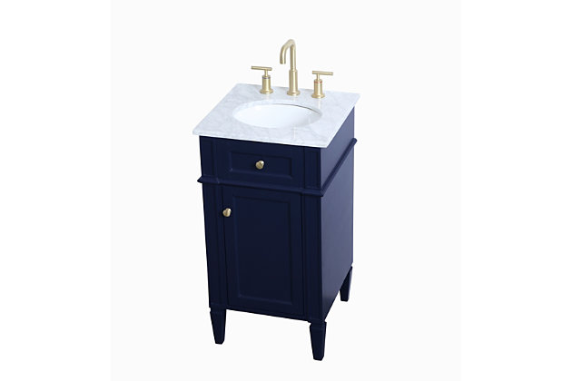 From its Italian Carrara white marble top to its contemporary-styled, hand-painted urban blue finished cabinet, this vanity is sure to enhance your home or office bathroom. Beneath its lustrous, natural stone marble top is an oval porcelain sink and single-door cabinet with a single shelf for storing all your bathroom essentials. Goldtone steel knobs, soft-closing doors and elegantly tapered legs add wonderful balance to the beautiful form and practical function.Made of solid wood, engineered wood, marble and porcelain | White carrara marble countertop | Single porcelain undermount sink | Steel hardware with goldtone finish | Soft-close cabinet door | Single shelf | Faux drawer | Pre-drilled faucet holes; faucet not included | Cutout back panel for plumbing installation | No assembly required