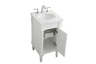 This traditionally styled, yet fashionably designed, vanity can add distinction and grace to your home or office bathroom. Standing on turned, tapering legs, it combines a lustrous white marble countertop with an oval white porcelain undermount sink and a hand-painted single-door cabinet with a shelf inside, along with a brushed steel door pull. You’ll enjoy its charming allure for many years to come.Made of solid birch wood, engineered wood, marble and porcelain | Marble countertop | Single porcelain undermount sink | Single cabinet door with storage shelf | Brushed steel hardware | Pre-drilled faucet holes; faucet not included | Cutout back panel for plumbing installation | No assembly required