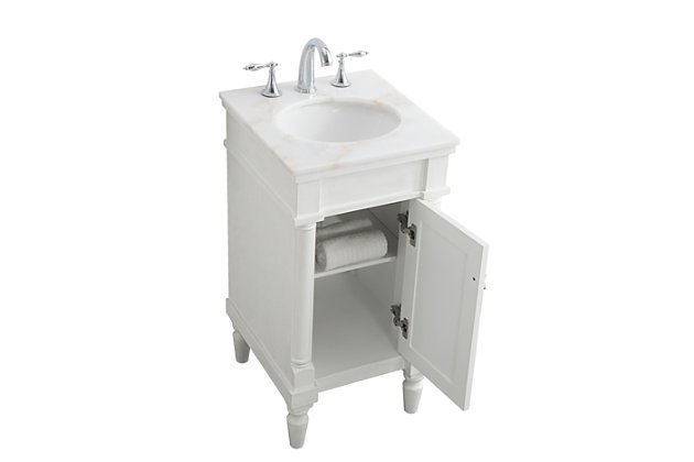 This traditionally styled, yet fashionably designed, vanity can add distinction and grace to your home or office bathroom. Standing on turned, tapering legs, it combines a lustrous white marble countertop with an oval white porcelain undermount sink and a hand-painted single-door cabinet with a shelf inside, along with a brushed steel door pull. You’ll enjoy its charming allure for many years to come.Made of solid birch wood, engineered wood, marble and porcelain | Marble countertop | Single porcelain undermount sink | Single cabinet door with storage shelf | Brushed steel hardware | Pre-drilled faucet holes; faucet not included | Cutout back panel for plumbing installation | No assembly required