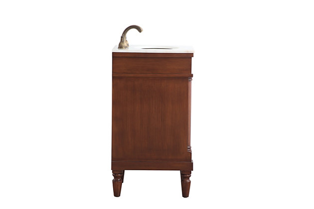 This traditionally styled, yet fashionably designed, vanity can add distinction and grace to your home or office bathroom. Standing on turned, tapering legs, it combines a lustrous white marble countertop with an oval white porcelain undermount sink and a hand-painted single-door cabinet with a shelf inside, along with a bronze-tone door pull. You’ll enjoy its charming allure for many years to come.Made of solid birch wood, engineered wood, marble and porcelain | Antiqued bronze-tone hardware | Marble countertop | Single porcelain undermount sink | Single cabinet door with single shelf | Pre-drilled faucet holes; faucet not included | Cutout back panel for plumbing installation | No assembly required