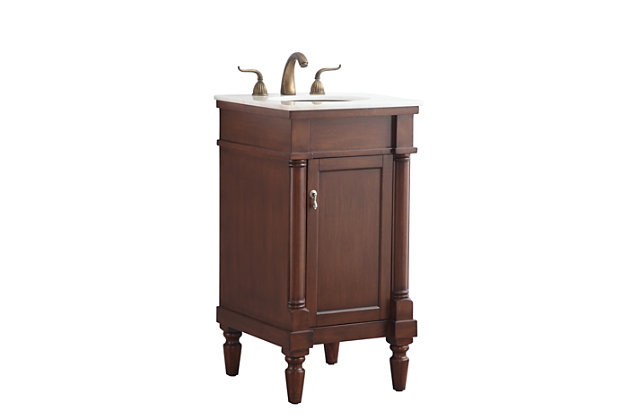 This traditionally styled, yet fashionably designed, vanity can add distinction and grace to your home or office bathroom. Standing on turned, tapering legs, it combines a lustrous white marble countertop with an oval white porcelain undermount sink and a hand-painted single-door cabinet with a shelf inside, along with a bronze-tone door pull. You’ll enjoy its charming allure for many years to come.Made of solid birch wood, engineered wood, marble and porcelain | Antiqued bronze-tone hardware | Marble countertop | Single porcelain undermount sink | Single cabinet door with single shelf | Pre-drilled faucet holes; faucet not included | Cutout back panel for plumbing installation | No assembly required