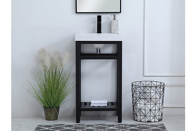 In true minimalistic spirit, this vanity shines with pared-down elegance. Bold, clean lines build up the metal vanity, creating a modern simplicity that adds visual liveliness and complements any bathroom or powder room. The bottom shelf lets you put away any extra towels or bathroom essentials, and its shining undermount sink creates contrast against the finish. This vanity’s bold graphic style will add a contemporary look to your home.Made of wood, metal and resin | Black finish | Rectangular-shaped countertop with flat edge | Metal vanity base | White resin undermount sink | Open bottom shelf | Pre-drilled faucet hole; faucet not included | No assembly required