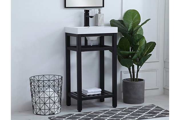 In true minimalistic spirit, this vanity shines with pared-down elegance. Bold, clean lines build up the metal vanity, creating a modern simplicity that adds visual liveliness and complements any bathroom or powder room. The bottom shelf lets you put away any extra towels or bathroom essentials, and its shining undermount sink creates contrast against the finish. This vanity’s bold graphic style will add a contemporary look to your home.Made of wood, metal and resin | Black finish | Rectangular-shaped countertop with flat edge | Metal vanity base | White resin undermount sink | Open bottom shelf | Pre-drilled faucet hole; faucet not included | No assembly required