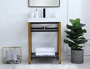 In true minimalistic spirit, this vanity shines with pared-down elegance. Bold, clean lines build up the metal vanity, creating a modern simplicity that adds visual liveliness and complements any bathroom or powder room. The bottom shelf lets you put away any extra towels or bathroom essentials, and its shining undermount sink creates contrast against the finish. This vanity’s bold graphic style will add a contemporary look to your home.Made of wood, metal and resin | Two-toned gold and black finish | Rectangular-shaped countertop with flat edge | Metal vanity base | White resin undermount sink | Open bottom shelf | Pre-drilled faucet hole; faucet not included | No assembly required