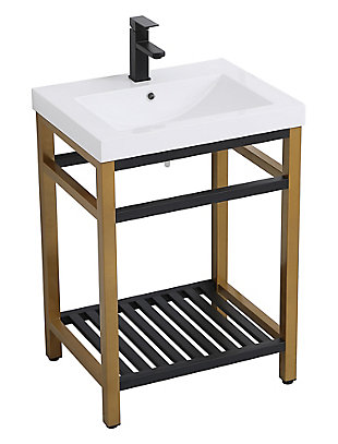 In true minimalistic spirit, this vanity shines with pared-down elegance. Bold, clean lines build up the metal vanity, creating a modern simplicity that adds visual liveliness and complements any bathroom or powder room. The bottom shelf lets you put away any extra towels or bathroom essentials, and its shining undermount sink creates contrast against the finish. This vanity’s bold graphic style will add a contemporary look to your home.Made of wood, metal and resin | Two-toned gold and black finish | Rectangular-shaped countertop with flat edge | Metal vanity base | White resin undermount sink | Open bottom shelf | Pre-drilled faucet hole; faucet not included | No assembly required