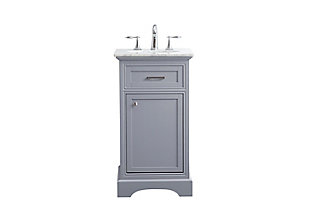 From its Italian Carrara white marble top to its contemporary-style hand-painted cabinet, this vanity is sure to enhance your home or office bathroom. Beneath its lustrous natural marble top and oval white porcelain sink is a handsome single-door cabinet with a storage shelf inside for all your bathroom essentials. This vanity is highlighted with recessed panel doors and a brushed steel bar handle and knob, and sits on a strong, solid base. A wonderful balance of simplicity and practical function.Made of wood, marble and porcelain | White carrara marble countertop with flat-edge cut | Single porcelain undermount sink | Brushed steel hardware | Soft-close cabinet door with single shelf | Faux drawer | Pre-drilled faucet holes; faucet not included | No assembly required