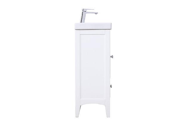 Optimize your bathroom with style, efficiency and functionality with this "chic and unique" single bathroom vanity crafted of solid poplar wood. Its contemporary-style cabinet base, painted in a white finish and accented with gleaming chrome-tone knobs, features a single door and a drawer with undermount soft-close glides, providing extra storage spaces for your bathroom essentials. Rounding out the design is a white resin countertop with integrated sink and pre-drilled faucet hole.Made of poplar wood and resin | resin countertop with integrated resin sink | Hardware with chrome-tone finish | Single door and single drawer with undermount soft-close glides | Pre-drilled faucet hole; faucet not included | Cutout back panel for plumbing installation | No assembly required