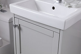 Optimize your bathroom in style and functionality with this single bathroom vanity. Its minimalist design features a single soft-close door fitted with a chrome-tone doorknob, while open shelving provides extra storage space for your bathroom's essentials. Rounding out the design is a white resin countertop with integrated sink and pre-drilled faucet hole.Made of solid wood and resin | resin countertop with integrated resin sink | Round stainless steel knobs | Single door | Open shelf | Pre-drilled faucet hole; faucet not included | Assembly required