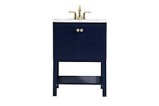 Designed with simple beauty and clean lines in mind, this bathroom vanity will surely bring a unique flair to the modern-day guest or office bathroom. Its transitional design features two framed doors and an open shelf for your additional bathroom essentials, topped with a modern white porcelain countertop with integrated sink that ensures non-stain, scratch-resistant, maintenance-free use. The wood frame cabinet with graciously curved legs is painted and accented with round goldtone doorknobs. Made of solid wood, engineered wood and porcelain | Porcelain countertop with integrated porcelain sink | Hardware with goldtone finish | 2 doors | Open shelf | Cutout back panel for plumbing installation | Pre-drilled faucet holes; faucet not included | No assembly required