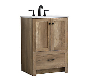 Delve into a world of minimalistic fashion and contemporary styling with this farmhouse-style bathroom vanity. The clean faux lines anchor the weathered design. Sleek black hardware adorns the bottom drawer and two doors hiding the base of the integrated porcelain sink. The compact size makes it the perfect vanity for any bathroom or powder room.Made of engineered wood, faux stone and porcelain | Distressed natural oak finish | Faux stone countertop | Hardware with black finish | Single porcelain undermount sink | 2 soft-close doors | Single smooth-gliding soft-close drawer | Cutout back panel for plumbing installation | Pre-drilled faucet holes; faucet not included | No assembly required