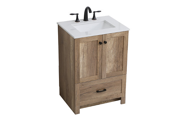 Delve into a world of minimalistic fashion and contemporary styling with this farmhouse-style bathroom vanity. The clean faux lines anchor the weathered design. Sleek black hardware adorns the bottom drawer and two doors hiding the base of the integrated porcelain sink. The compact size makes it the perfect vanity for any bathroom or powder room.Made of engineered wood, faux stone and porcelain | Distressed natural oak finish | Faux stone countertop | Hardware with black finish | Single porcelain undermount sink | 2 soft-close doors | Single smooth-gliding soft-close drawer | Cutout back panel for plumbing installation | Pre-drilled faucet holes; faucet not included | No assembly required