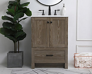 Delve into a world of minimalistic fashion and contemporary styling with this farmhouse-style bathroom vanity. Its clean lines anchor the weathered design. Sleek black hardware adorns the bottom drawer and two doors hiding the base of the integrated porcelain sink. The compact size makes it the perfect vanity for any bathroom or powder room.Made of engineered wood, faux stone and porcelain | Distressed weathered oak finish | Faux stone countertop | Hardware with black finish | Single porcelain undermount sink | 2 soft-close doors | Single smooth-gliding soft-close drawer | Cutout back panel for plumbing installation | Pre-drilled faucet holes; faucet not included | No assembly required