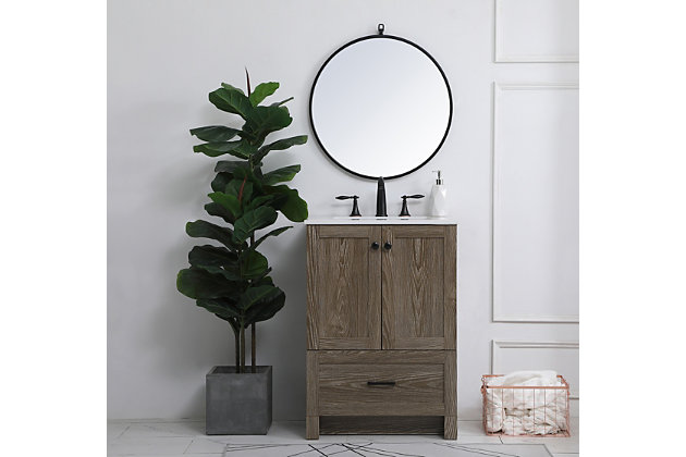 Delve into a world of minimalistic fashion and contemporary styling with this farmhouse-style bathroom vanity. Its clean lines anchor the weathered design. Sleek black hardware adorns the bottom drawer and two doors hiding the base of the integrated porcelain sink. The compact size makes it the perfect vanity for any bathroom or powder room.Made of engineered wood, faux stone and porcelain | Distressed weathered oak finish | Faux stone countertop | Hardware with black finish | Single porcelain undermount sink | 2 soft-close doors | Single smooth-gliding soft-close drawer | Cutout back panel for plumbing installation | Pre-drilled faucet holes; faucet not included | No assembly required