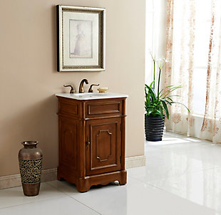 This retro bathroom vanity beautifully balances modern-day features and classic charm. Highlighted by its use of genuine marble, and a hand-painted cabinet decorated with elegant wood-trimmed moulding and a scalloped pedestal base, it will be a wonderful enhancement to your home or office bathroom. Equipped with a solid shelf behind the door that provides ample space for your daily necessities, this stately vanity is truly a majestic home fixture.Made of solid wood, engineered wood, marble and porcelain | Hardware with bronze-tone finish | Marble countertop | Hand-painted finish | Single porcelain sink | Single door with inside shelf | Pre-drilled faucet holes; faucet not included | No assembly required