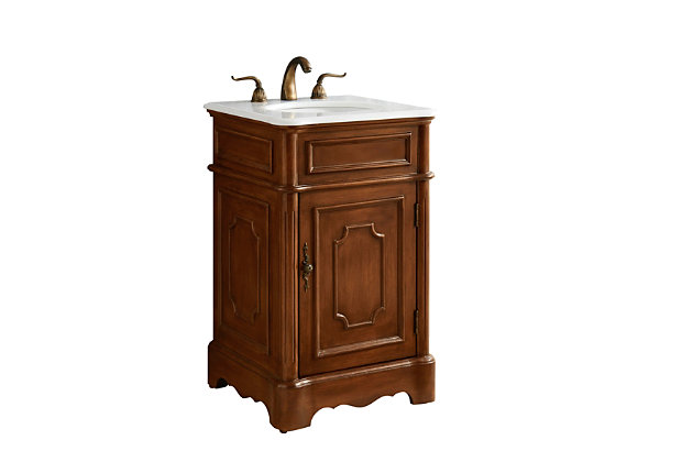 This retro bathroom vanity beautifully balances modern-day features and classic charm. Highlighted by its use of genuine marble, and a hand-painted cabinet decorated with elegant wood-trimmed moulding and a scalloped pedestal base, it will be a wonderful enhancement to your home or office bathroom. Equipped with a solid shelf behind the door that provides ample space for your daily necessities, this stately vanity is truly a majestic home fixture.Made of solid wood, engineered wood, marble and porcelain | Hardware with bronze-tone finish | Marble countertop | Hand-painted finish | Single porcelain sink | Single door with inside shelf | Pre-drilled faucet holes; faucet not included | No assembly required