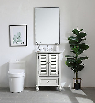 A small space doesn't mean you have to settle for less. This compact bathroom vanity will add lovely sophistication and complement any small bathroom or powder room. Brushed nickel-tone knobs gently adorn the shuttered cabinet door and drawer at the base. The Carrara marble countertop, porcelain undermount sink, dignified subtle engravings on the side edges, and rounded legs all come together to create contemporary beauty.Made of solid birch wood, engineered wood, marble and porcelain | Distressed antiqued white finish | White carrara marble countertop | Hardware with brushed nickel-tone finish | Single porcelain undermount sink | Single smooth-gliding drawer | Single cabinet door | Pre-drilled faucet holes; faucet not included | Cutout back panel for plumbing installation | Assembly required