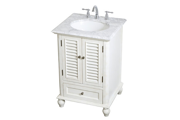 A small space doesn't mean you have to settle for less. This compact bathroom vanity will add lovely sophistication and complement any small bathroom or powder room. Brushed nickel-tone knobs gently adorn the shuttered cabinet door and drawer at the base. The Carrara marble countertop, porcelain undermount sink, dignified subtle engravings on the side edges, and rounded legs all come together to create contemporary beauty.Made of solid birch wood, engineered wood, marble and porcelain | Distressed antiqued white finish | White carrara marble countertop | Hardware with brushed nickel-tone finish | Single porcelain undermount sink | Single smooth-gliding drawer | Single cabinet door | Pre-drilled faucet holes; faucet not included | Cutout back panel for plumbing installation | Assembly required