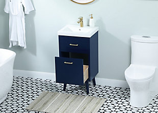 Delve into a world of minimalistic fashion and contemporary styling with this mid-century modern bathroom vanity. Clean lines anchor the design, while the oblique tapered cylinder legs add subtle interest. A goldtone handle adorns the top faux drawer, hiding the base of the integrated porcelain sink, while the bottom drawer offers storage space for bathroom necessities and toiletries. The compact size makes it the perfect vanity for any bathroom or powder room. Made of solid wood, engineered wood and porcelain | Hardware with goldtone finish | Single integrated porcelain sink | Faux top drawer | Single smooth-gliding bottom drawer | Single cabinet door | Pre-drilled faucet holes; faucet not included | Cutout back panel for plumbing installation | Assembly required
