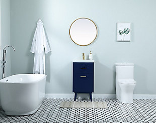 Delve into a world of minimalistic fashion and contemporary styling with this mid-century modern bathroom vanity. Clean lines anchor the design, while the oblique tapered cylinder legs add subtle interest. A goldtone handle adorns the top faux drawer, hiding the base of the integrated porcelain sink, while the bottom drawer offers storage space for bathroom necessities and toiletries. The compact size makes it the perfect vanity for any bathroom or powder room. Made of solid wood, engineered wood and porcelain | Hardware with goldtone finish | Single integrated porcelain sink | Faux top drawer | Single smooth-gliding bottom drawer | Single cabinet door | Pre-drilled faucet holes; faucet not included | Cutout back panel for plumbing installation | Assembly required