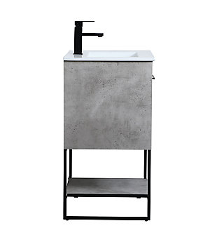 Live in modern comfort with this bathroom vanity. Its sleek black metal hardware and contemporary style will have your bathroom or powder room elevated in industrial sophistication. The open shelf at the base and two-door cabinet offer ample storage space for your bathroom essentials. The vanity's clean lines create their own visual interest, adding trendy looks to your already chic room.Made of engineered wood and resin | Hardware with black finish | Open bottom shelf | Two cabinet doors | Pre-drilled faucet holes; faucet not included | Cutout back panel for plumbing installation | Assembly required