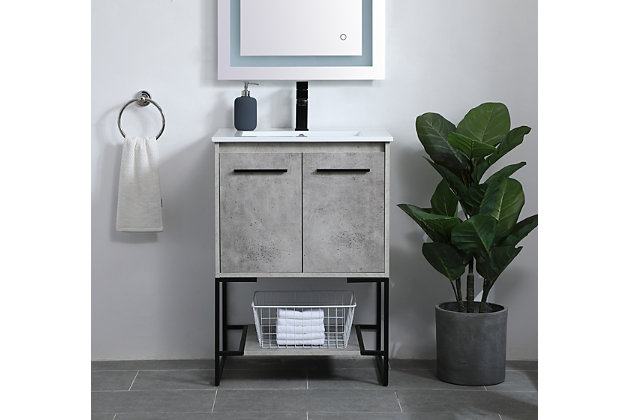 Live in modern comfort with this bathroom vanity. Its sleek black metal hardware and contemporary style will have your bathroom or powder room elevated in industrial sophistication. The open shelf at the base and two-door cabinet offer ample storage space for your bathroom essentials. The vanity's clean lines create their own visual interest, adding trendy looks to your already chic room.Made of engineered wood and resin | Hardware with black finish | Open bottom shelf | Two cabinet doors | Pre-drilled faucet holes; faucet not included | Cutout back panel for plumbing installation | Assembly required
