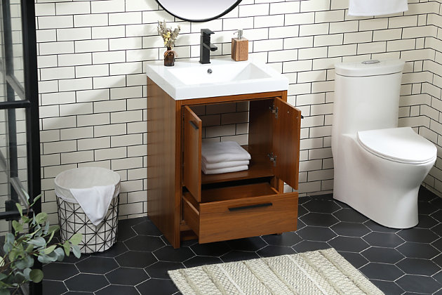 Modern sophistication is defined with this bathroom vanity. Its length makes it the perfect addition to any size home, with plenty of storage space hidden behind the double cabinet doors and single bottom drawer. Topped with a highly durable white resin countertop and an integrated sink, this vanity will add everlasting class to your bathroom or powder room.Made of engineered wood and resin | Hardware with black finish | Resin countertop with integrated sink | Soft-close double cabinet doors | Single smooth-gliding soft-close drawer | Cutout back panel for plumbing installation | No assembly required