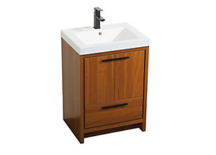 Modern sophistication is defined with this bathroom vanity. Its length makes it the perfect addition to any size home, with plenty of storage space hidden behind the double cabinet doors and single bottom drawer. Topped with a highly durable white resin countertop and an integrated sink, this vanity will add everlasting class to your bathroom or powder room.Made of engineered wood and resin | Hardware with black finish | Resin countertop with integrated sink | Soft-close double cabinet doors | Single smooth-gliding soft-close drawer | Cutout back panel for plumbing installation | No assembly required