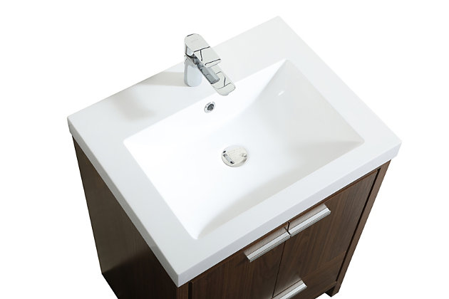 Modern sophistication is defined with this bathroom vanity. Its length makes it the perfect addition to any size home, with plenty of storage space hidden behind the double cabinet doors and single bottom drawer. Topped with a highly durable white resin countertop and an integrated sink, this vanity will add everlasting class to your bathroom or powder room.Made of engineered wood and resin | Hardware with silvertone finish | Resin countertop with integrated sink | Soft-close double cabinet doors | Single smooth-gliding soft-close drawer | Cutout back panel for plumbing installation | No assembly required