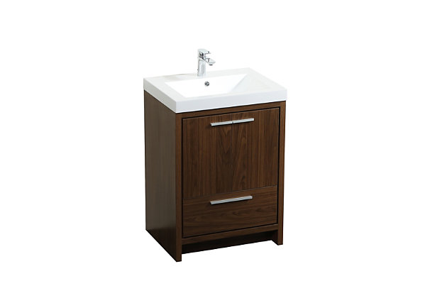 Modern sophistication is defined with this bathroom vanity. Its length makes it the perfect addition to any size home, with plenty of storage space hidden behind the double cabinet doors and single bottom drawer. Topped with a highly durable white resin countertop and an integrated sink, this vanity will add everlasting class to your bathroom or powder room.Made of engineered wood and resin | Hardware with silvertone finish | Resin countertop with integrated sink | Soft-close double cabinet doors | Single smooth-gliding soft-close drawer | Cutout back panel for plumbing installation | No assembly required
