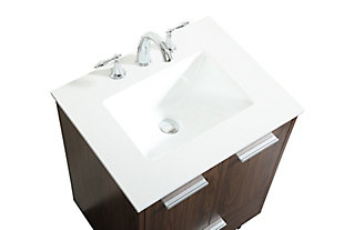Modern sophistication is defined with this bathroom vanity. Its length makes it the perfect addition to any size home, with plenty of storage space hidden behind the double cabinet doors and single bottom drawer. Topped with a highly durable white resin countertop and an integrated sink, this vanity will add everlasting class to your bathroom or powder room.Made of engineered wood, faux stone and porcelain | Hardware with silvertone finish | Faux stone countertop | Single porcelain undermount sink | Soft-close double cabinet doors | Single smooth-gliding soft-close drawer | Tapered wood legs | Cutout back panel for plumbing installation | No assembly required