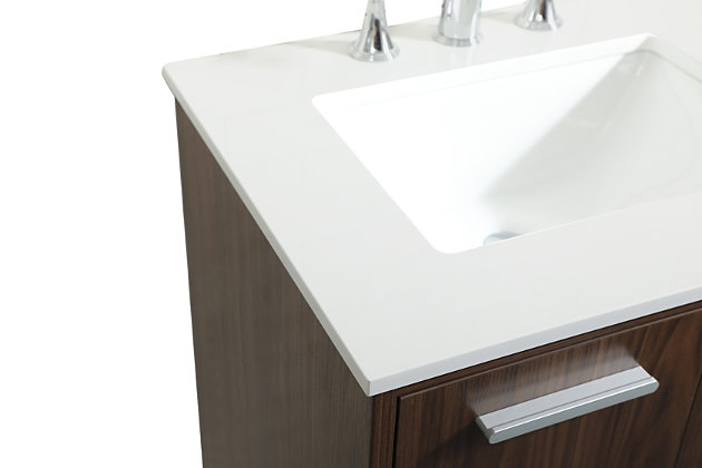 Modern sophistication is defined with this bathroom vanity. Its length makes it the perfect addition to any size home, with plenty of storage space hidden behind the double cabinet doors and single bottom drawer. Topped with a highly durable white resin countertop and an integrated sink, this vanity will add everlasting class to your bathroom or powder room.Made of engineered wood, faux stone and porcelain | Hardware with silvertone finish | Faux stone countertop | Single porcelain undermount sink | Soft-close double cabinet doors | Single smooth-gliding soft-close drawer | Tapered wood legs | Cutout back panel for plumbing installation | No assembly required