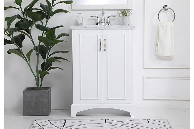 This bathroom vanity brings simple elegance to your guest or office bathroom. Designed with two doors, it comes with a faux stone countertop and oval porcelain sink painted with multiple layers of protective finishes. The cabinet provides ample storage for your bathroom essentials, and the doors are beautifully accented with door pulls made from steel. Constructed of engineered wood and sitting on platform legs, this vanity combines traditional and sophisticated design.Made of engineered wood, faux stone and porcelain | Hardware with silvertone finish | Faux stone countertop | Single deep cabinet with 2 doors | Oval porcelain sink | Pre-drilled faucet holes; faucet not included | No assembly required