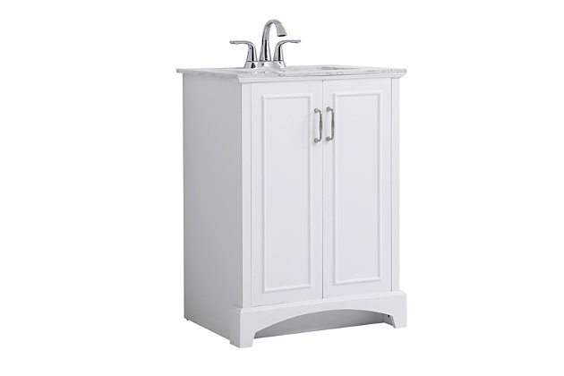 This bathroom vanity brings simple elegance to your guest or office bathroom. Designed with two doors, it comes with a faux stone countertop and oval porcelain sink painted with multiple layers of protective finishes. The cabinet provides ample storage for your bathroom essentials, and the doors are beautifully accented with door pulls made from steel. Constructed of engineered wood and sitting on platform legs, this vanity combines traditional and sophisticated design.Made of engineered wood, faux stone and porcelain | Hardware with silvertone finish | Faux stone countertop | Single deep cabinet with 2 doors | Oval porcelain sink | Pre-drilled faucet holes; faucet not included | No assembly required