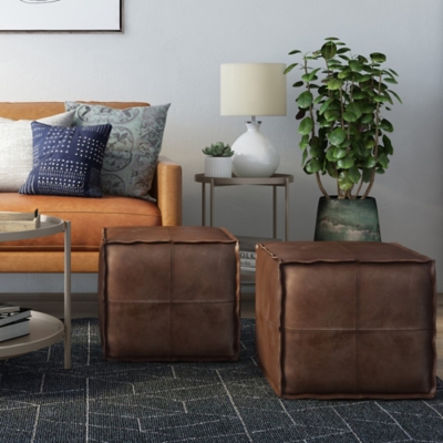 Simpli Home Brody Transitional Square Pouf in Distressed Dark Brown Faux Leather, , rollover