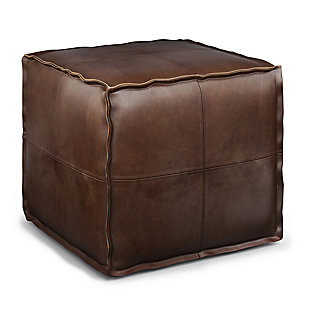 Simpli Home Brody Transitional Square Pouf in Distressed Dark Brown Faux Leather, , large