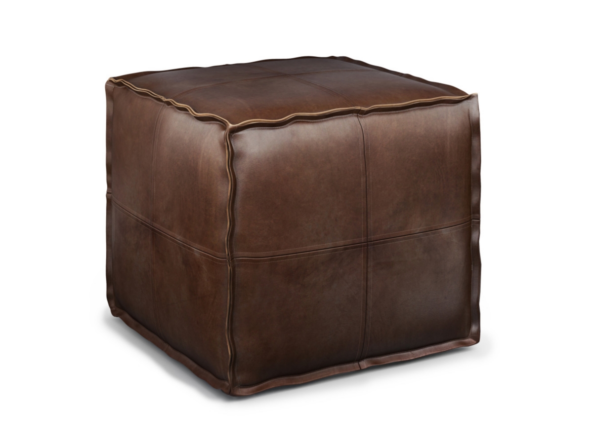 Simpli Home Brody Transitional Square Pouf in Distressed Dark Brown Faux Leather, , large