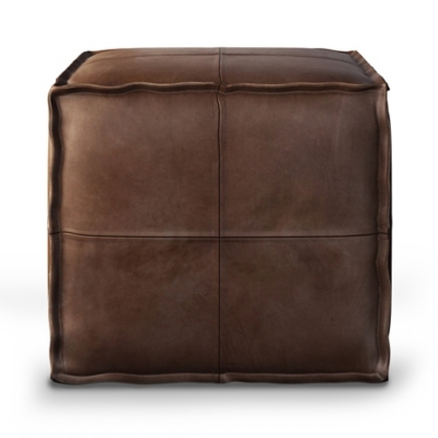 Simpli Home Brody Transitional Square Pouf in Distressed Dark Brown Faux Leather, , large