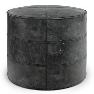 Simpli Home Connor Transitional Round Pouf in Distressed Black Leather, Black, large